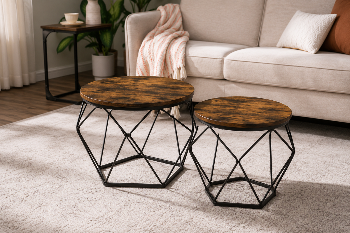 Table Basse Gigogne Loftéria™ | Effet Bois Rustique & Structure Métal Noir