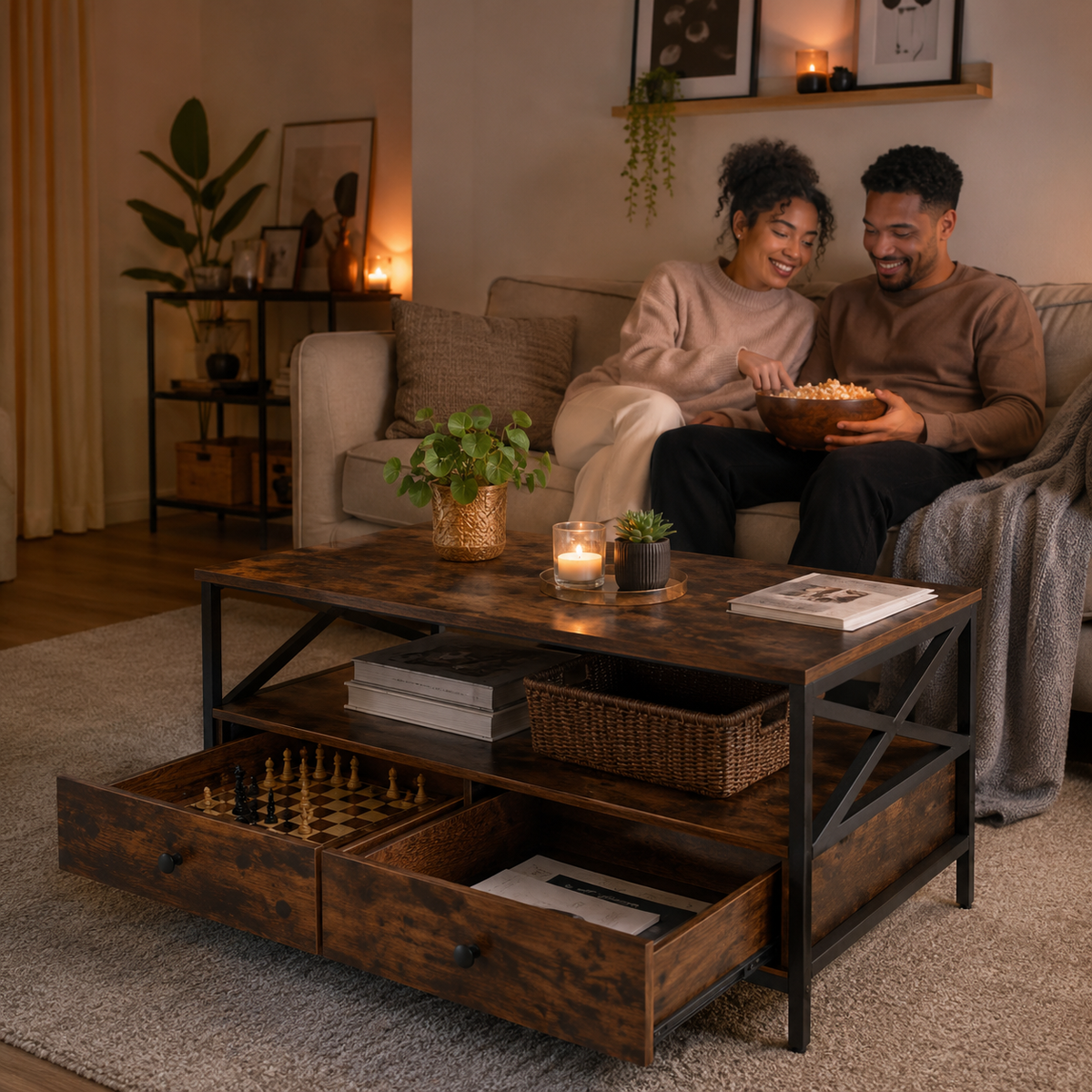 Table Basse Bravena™ | Bois Rustique & Structure Métal Noir