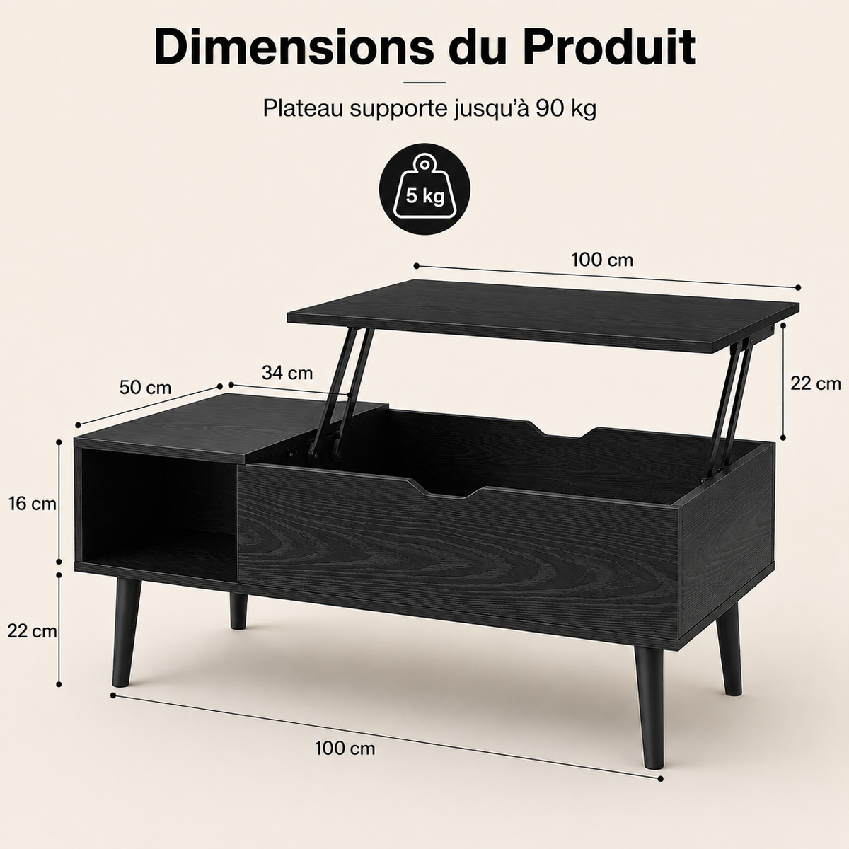 Table Basse Relevable Oria™ | Noir Design Moderne