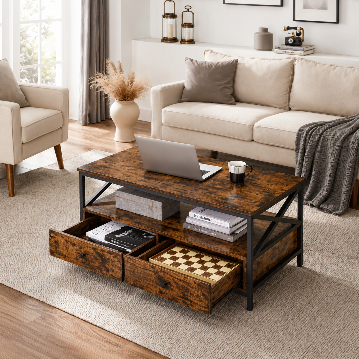 Table Basse Bravena™ | Bois Rustique & Structure Métal Noir