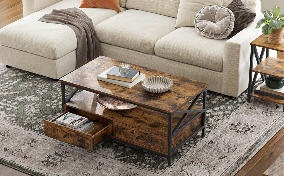 Table Basse Bravena™ | Bois Rustique & Structure Métal Noir