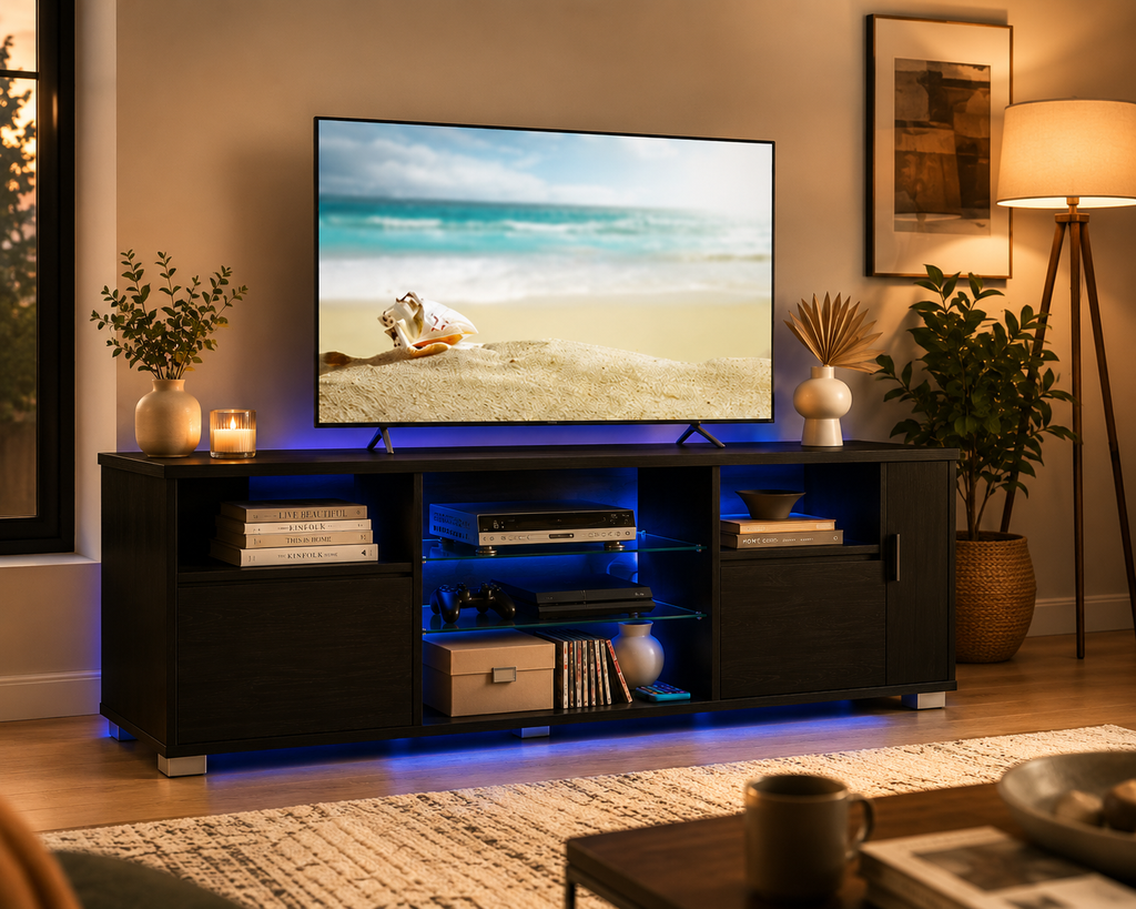 Meuble TV LED Noir  Milano™ | Effet Bois Noir & Plateau en Verre