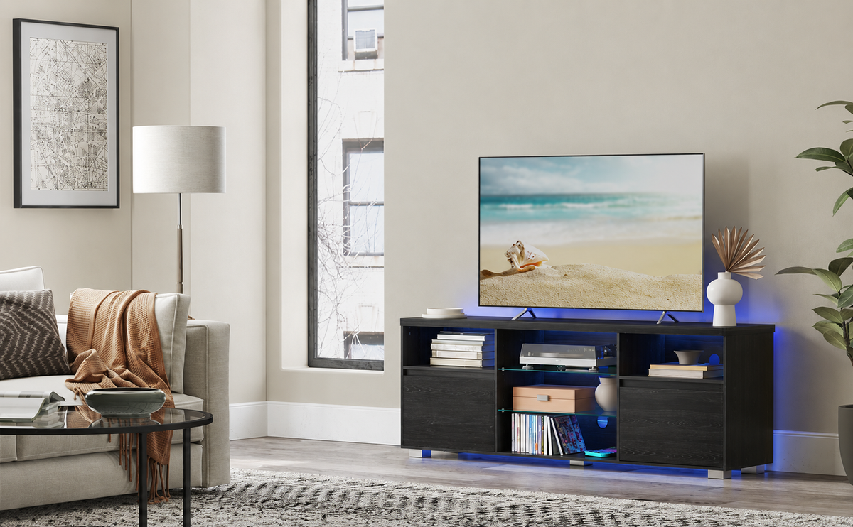 Meuble TV LED Noir  Milano™ | Effet Bois Noir & Plateau en Verre