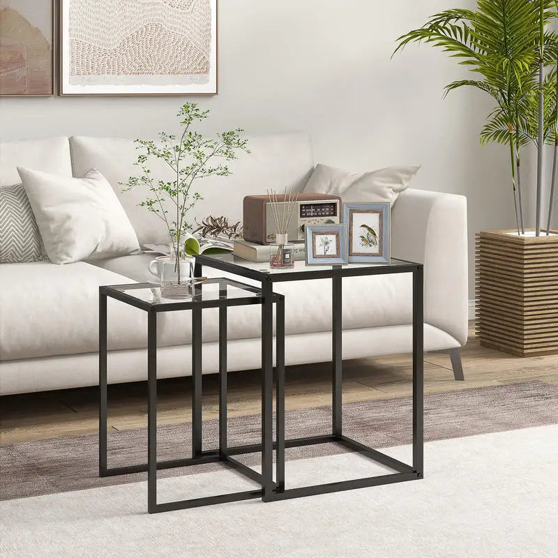 Table Basse Gigogne Novera™ | Plateau Verre Trempé & Structure Métal Noir