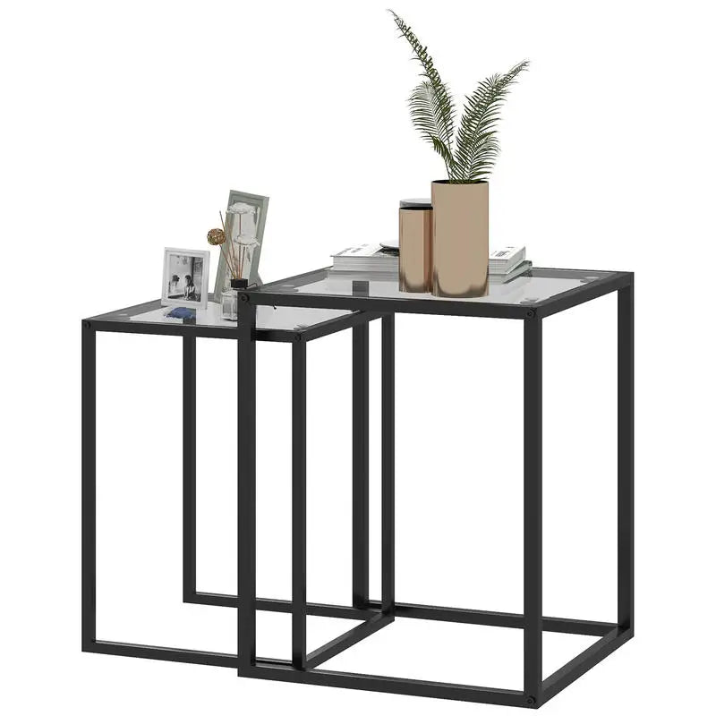 Table Basse Gigogne Novera™ | Plateau Verre Trempé & Structure Métal Noir