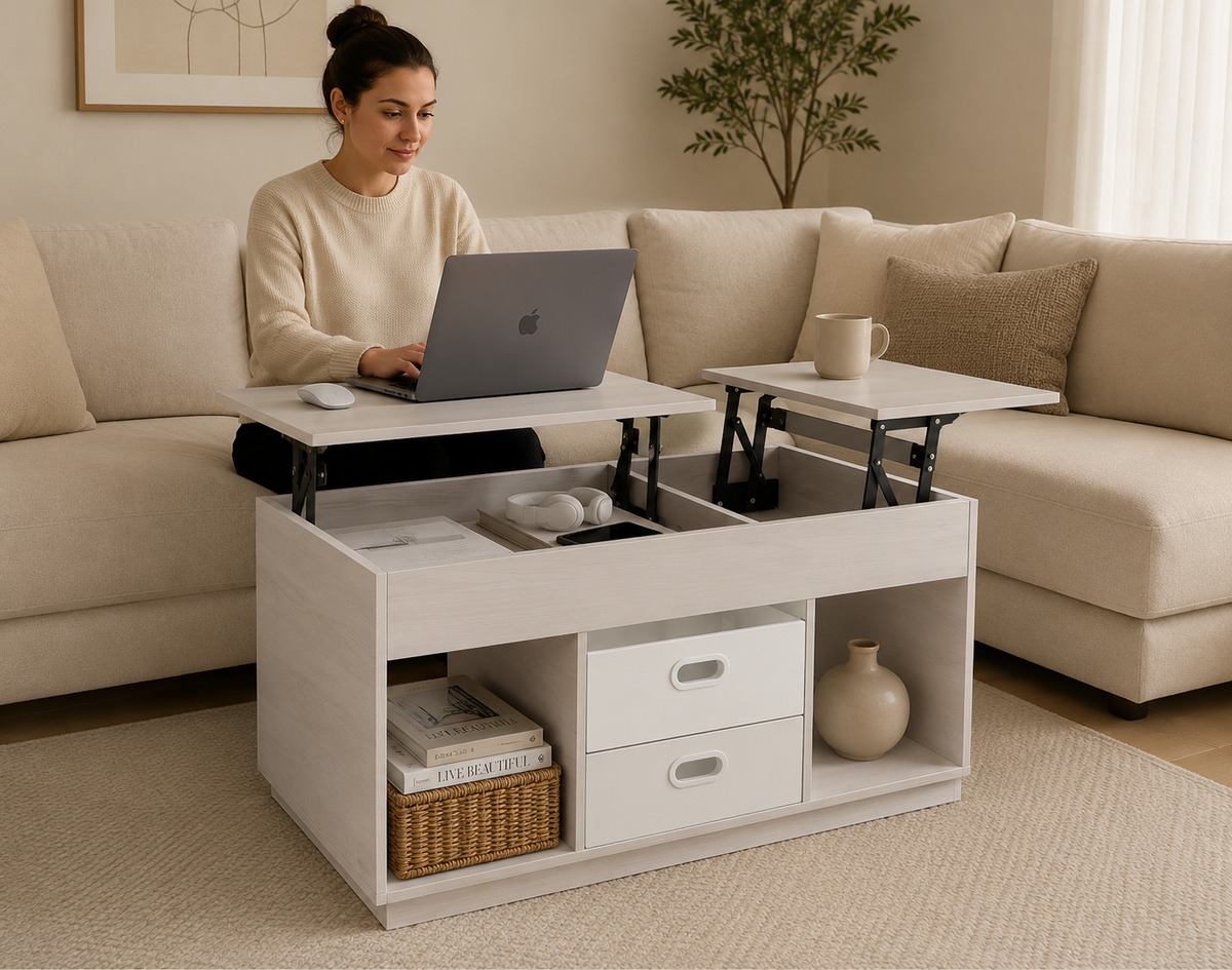 Table Basse Relevable Sylvena™ | Avoine & Double Plateau