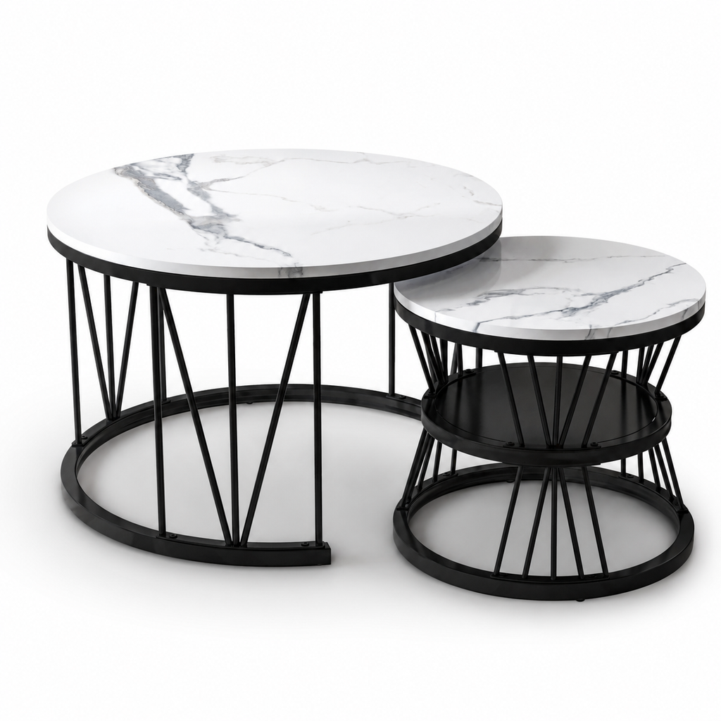 Table Basse Gigogne Marvella™ | Effet Marbre Blanc & Structure Noire