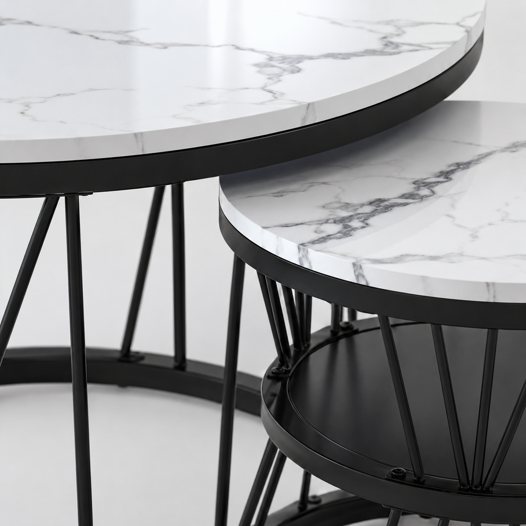 Table Basse Gigogne Marvella™ | Effet Marbre Blanc & Structure Noire