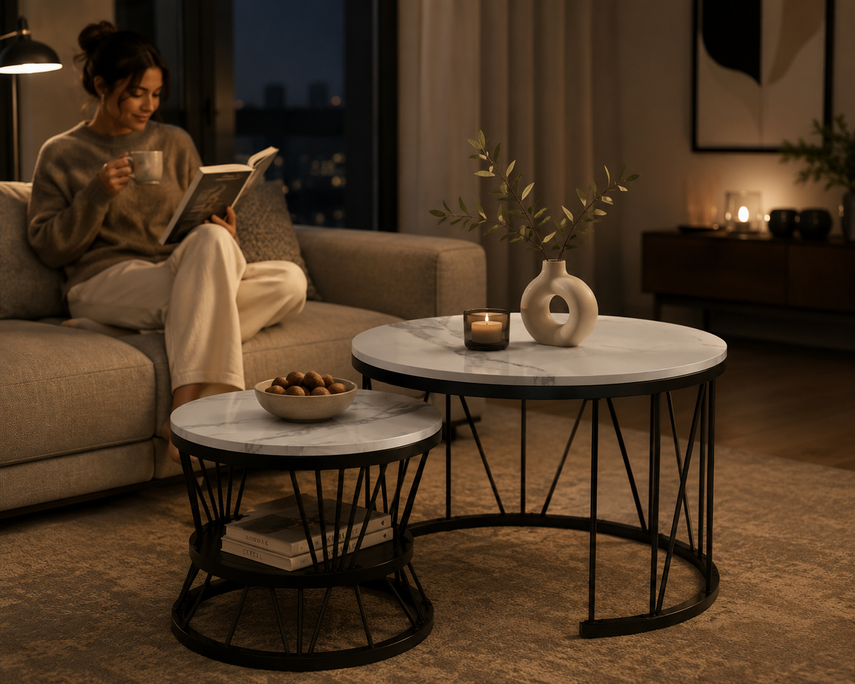 Table Basse Gigogne Marvella™ | Effet Marbre Blanc & Structure Noire