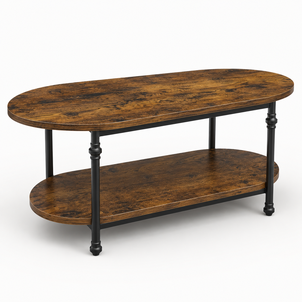 Table Basse Ovale Valdora™ | Double Plateau & Effet Bois Rustique