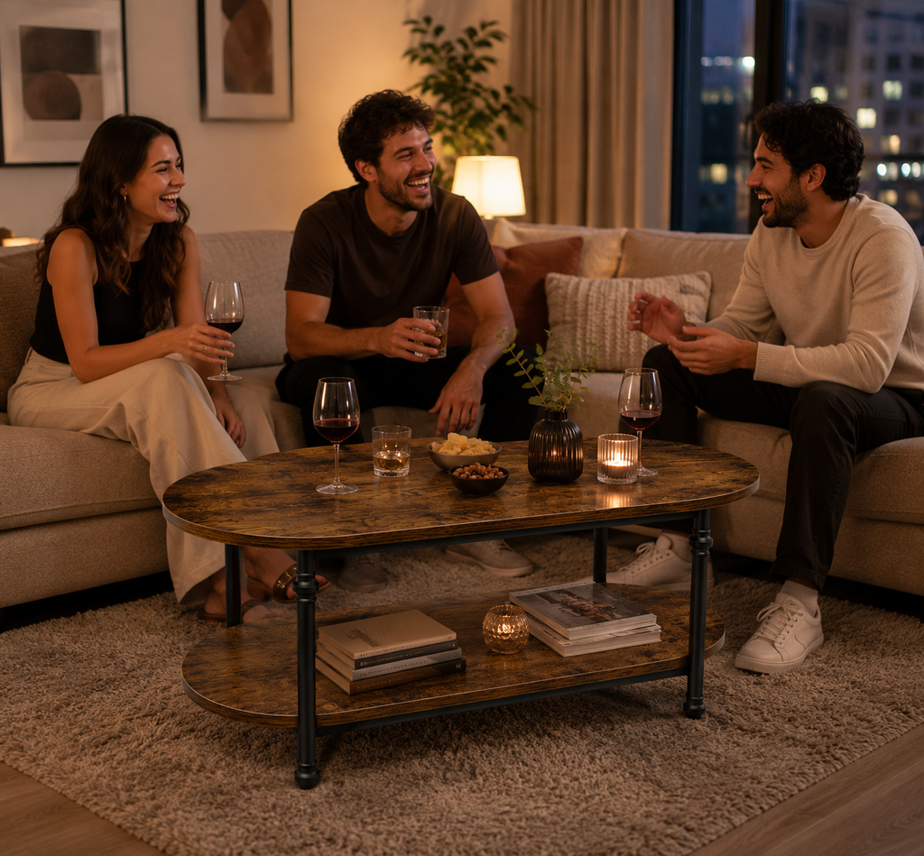 Table Basse Ovale Valdora™ | Double Plateau & Effet Bois Rustique