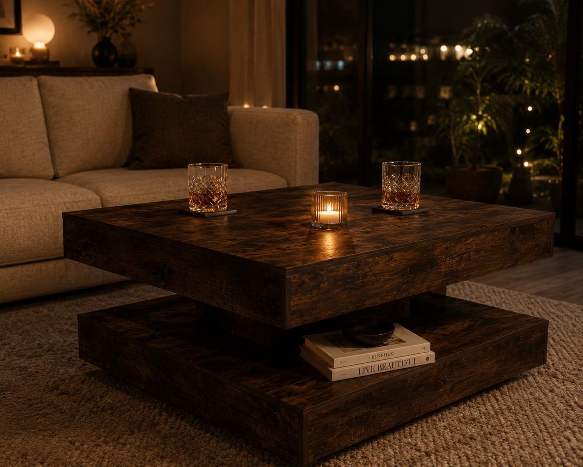 Table Basse Rotative Orvella™ | Finition Chêne Fumé & Plateau Pivotant à 360°