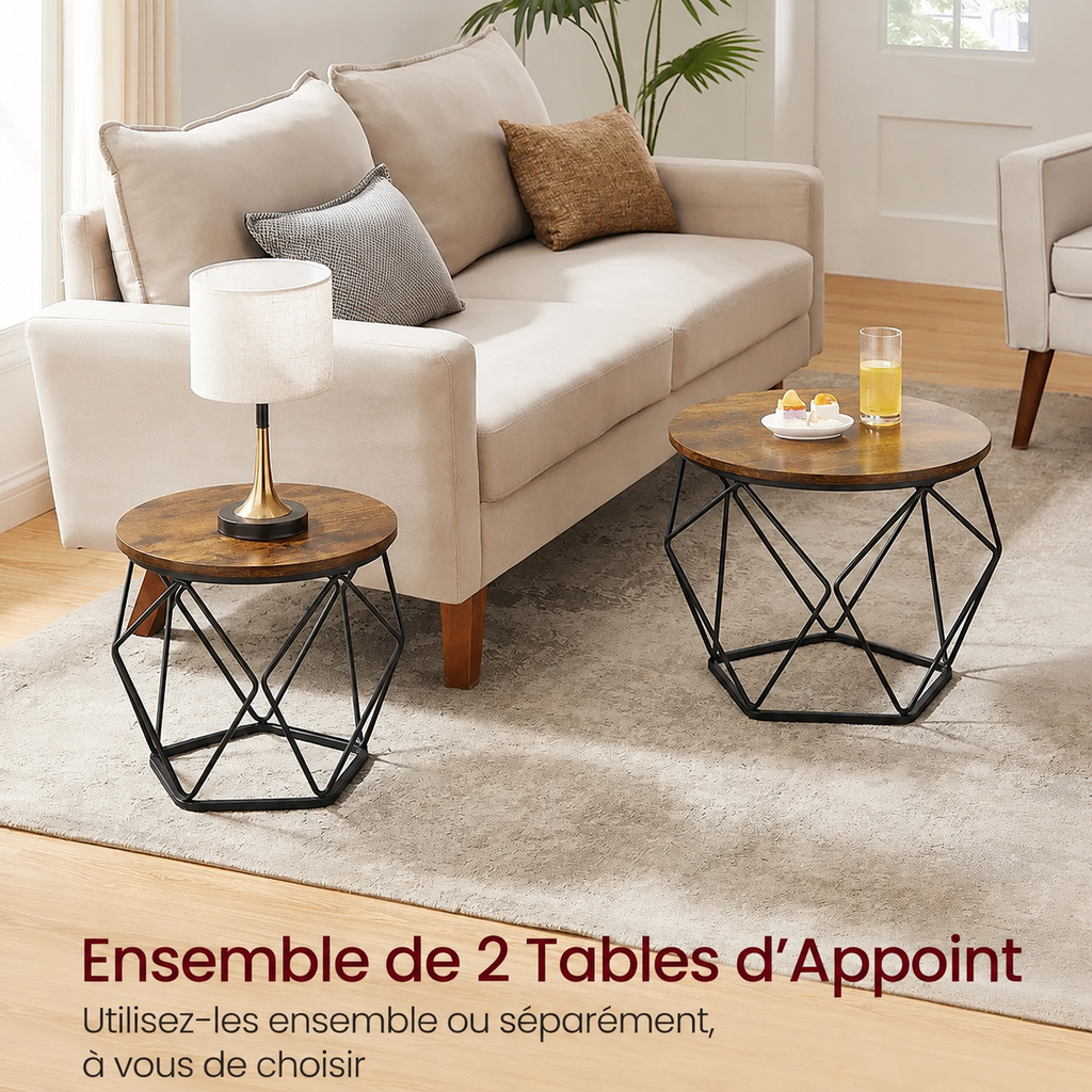 Table Basse Gigogne Loftéria™ | Effet Bois Rustique & Structure Métal Noir