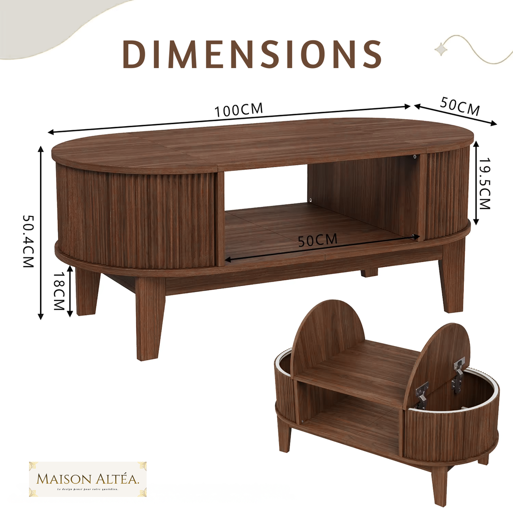 Table Basse Ovale Walnora™ | Finition Noyer Mat & Rangements Dissimulés