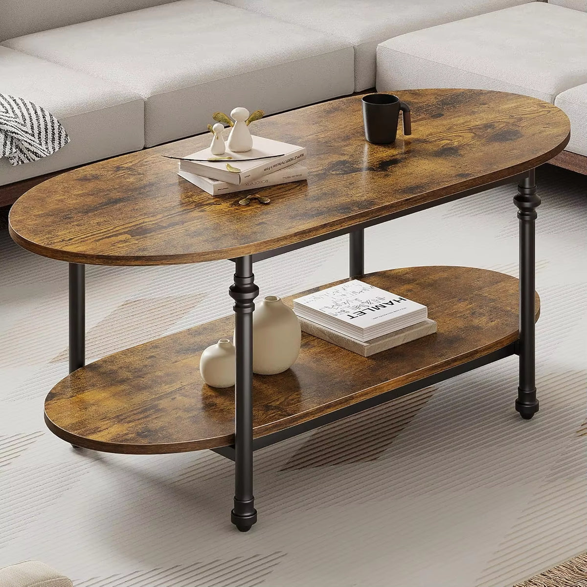 Table Basse Ovale Valdora™ | Double Plateau & Effet Bois Rustique