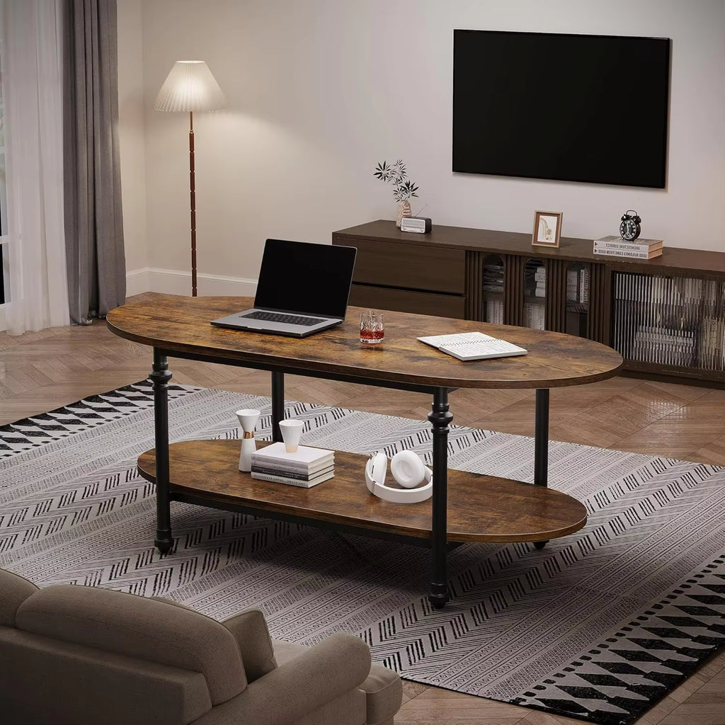 Table Basse Ovale Valdora™ | Double Plateau & Effet Bois Rustique