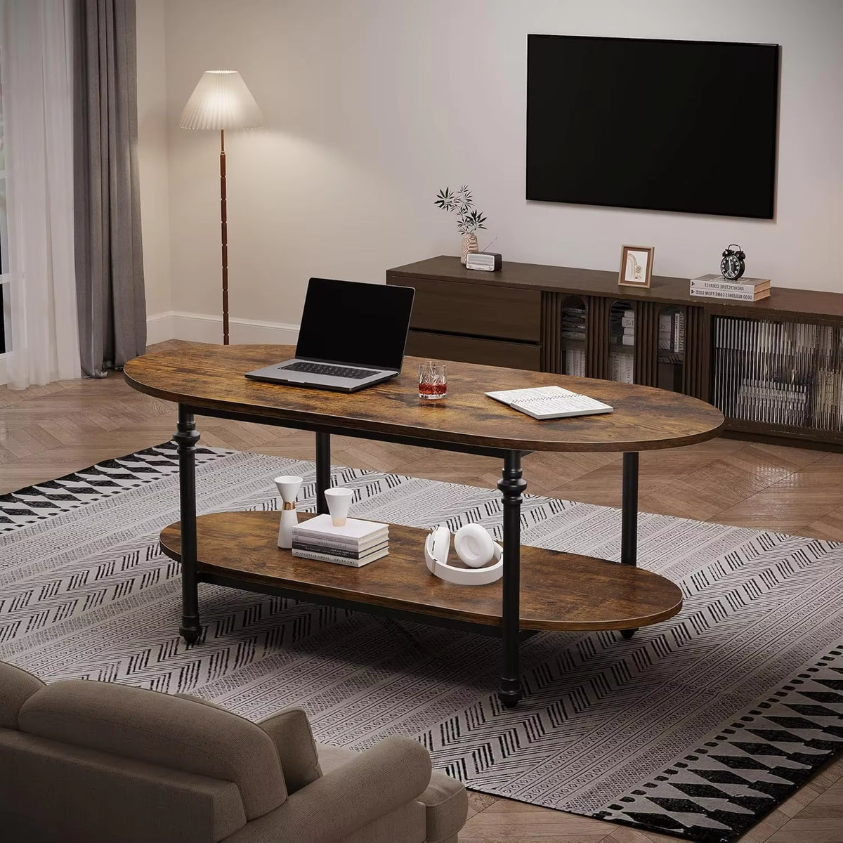 Table Basse Ovale Valdora™ | Double Plateau & Effet Bois Rustique