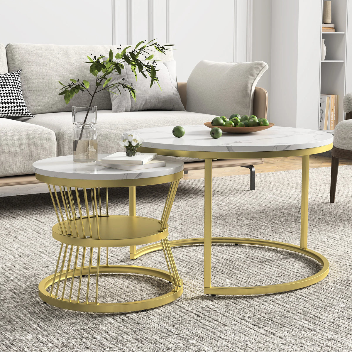 Table Basse Gigogne Velmora™ | Effet Marbre Élégant & Structure Métal Doré