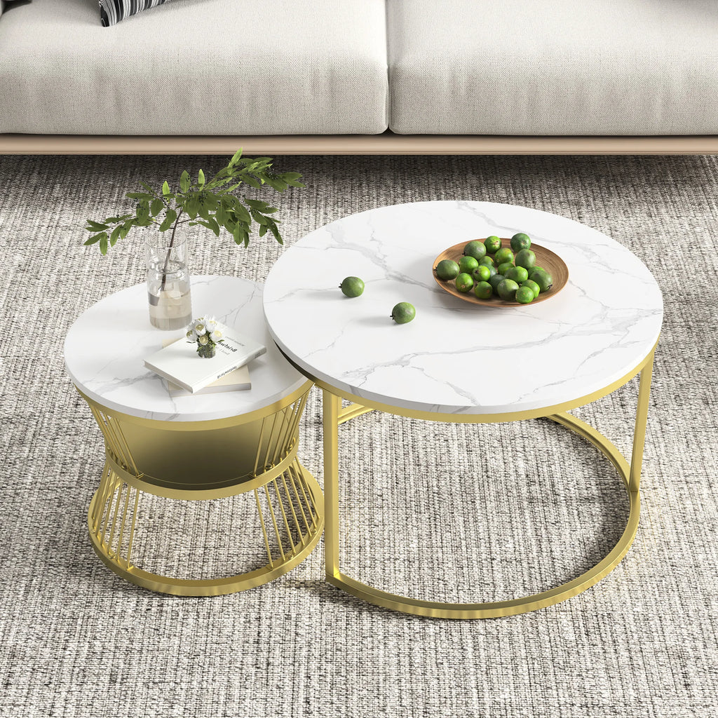 Table Basse Gigogne Velmora™ | Effet Marbre Élégant & Structure Métal Doré