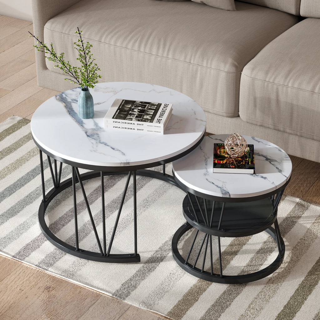 Table Basse Gigogne Marvella™ | Effet Marbre Blanc & Structure Noire