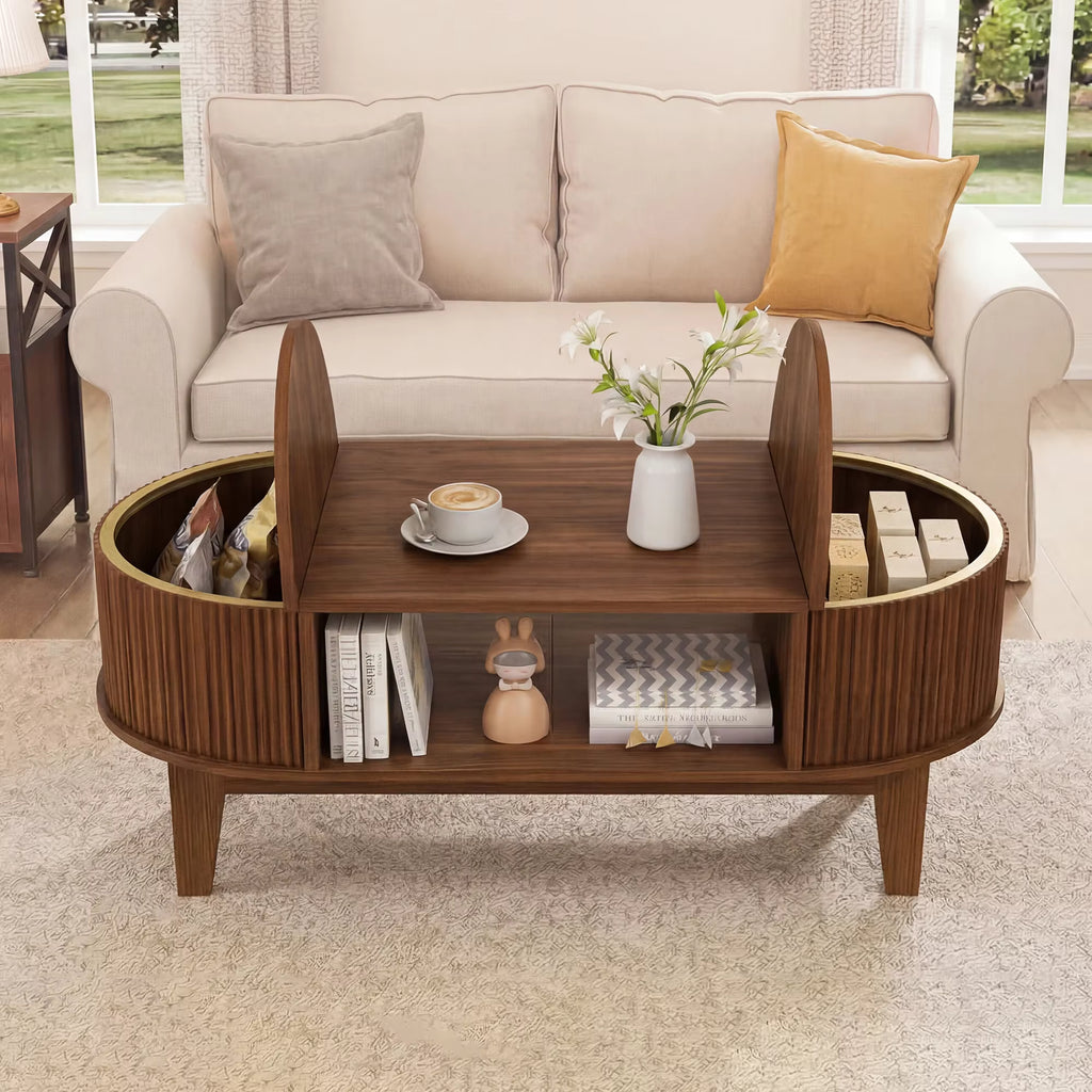 Table Basse Ovale Walnora™ | Finition Noyer Mat & Rangements Dissimulés