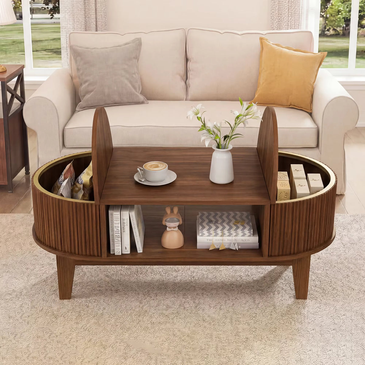 Table Basse Ovale Walnora™ | Finition Noyer Mat & Rangements Dissimulés