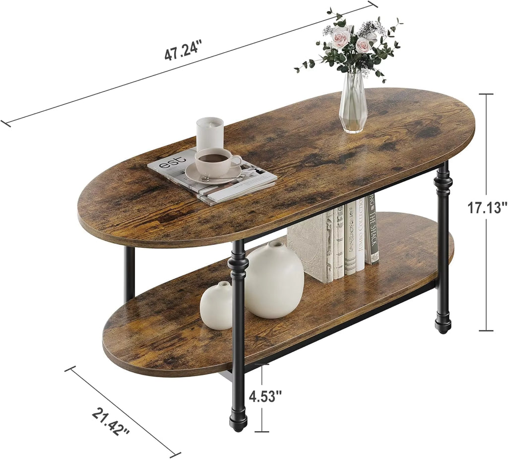 Table Basse Ovale Valdora™ | Double Plateau & Effet Bois Rustique