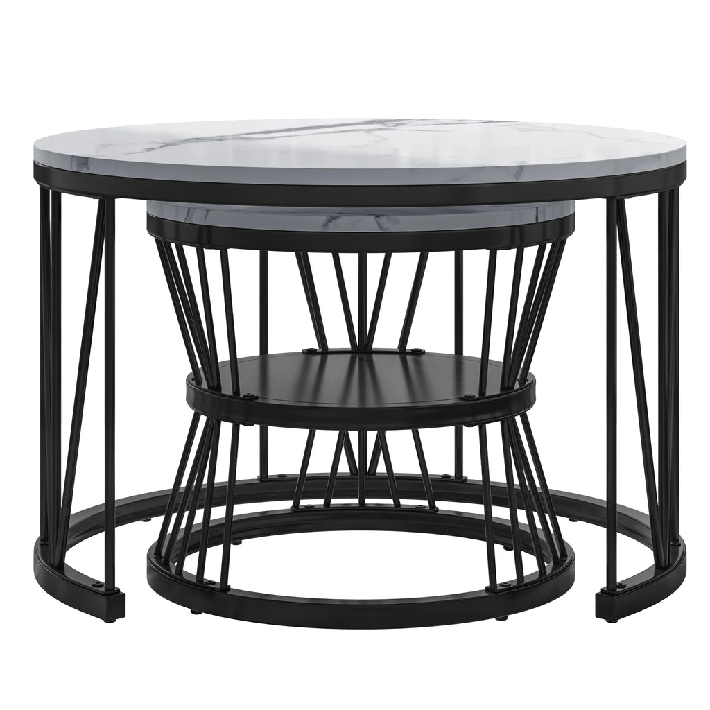 Table Basse Gigogne Marvella™ | Effet Marbre Blanc & Structure Noire