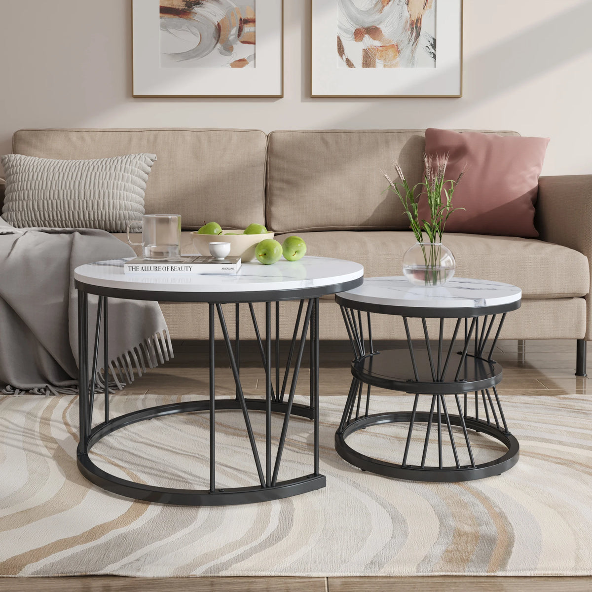 Table Basse Gigogne Marvella™ | Effet Marbre Blanc & Structure Noire