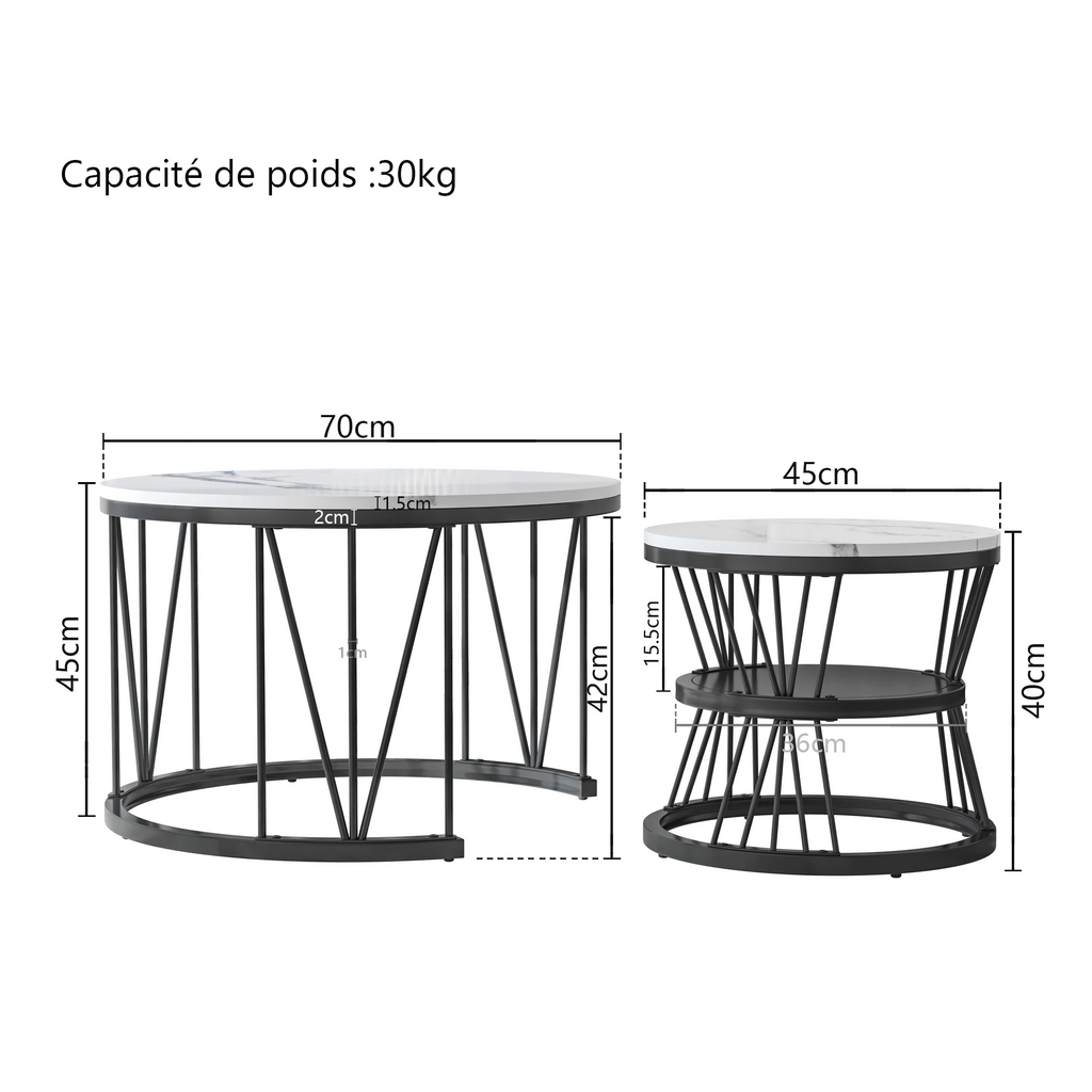Table Basse Gigogne Marvella™ | Effet Marbre Blanc & Structure Noire