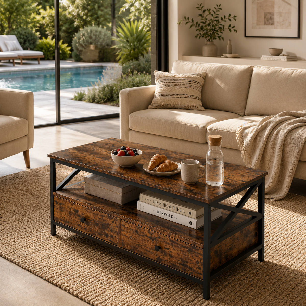 Table Basse Bravena™ | Bois Rustique & Structure Métal Noir