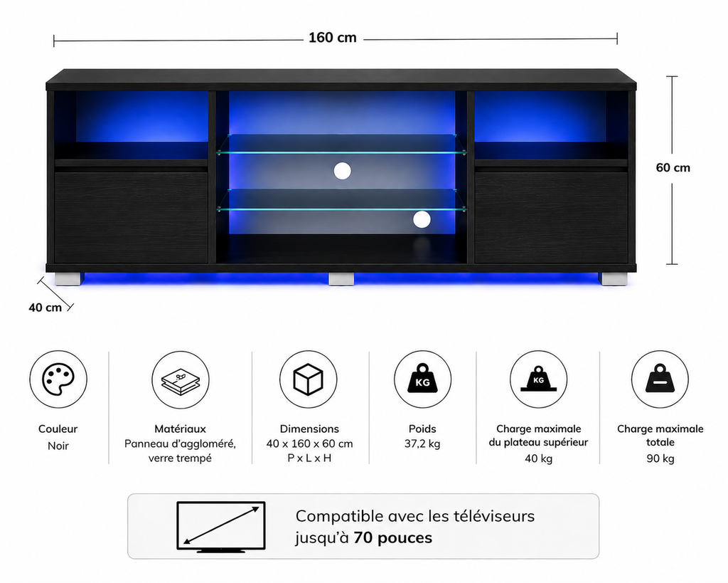 Meuble TV LED Noir  Milano™ | Effet Bois Noir & Plateau en Verre