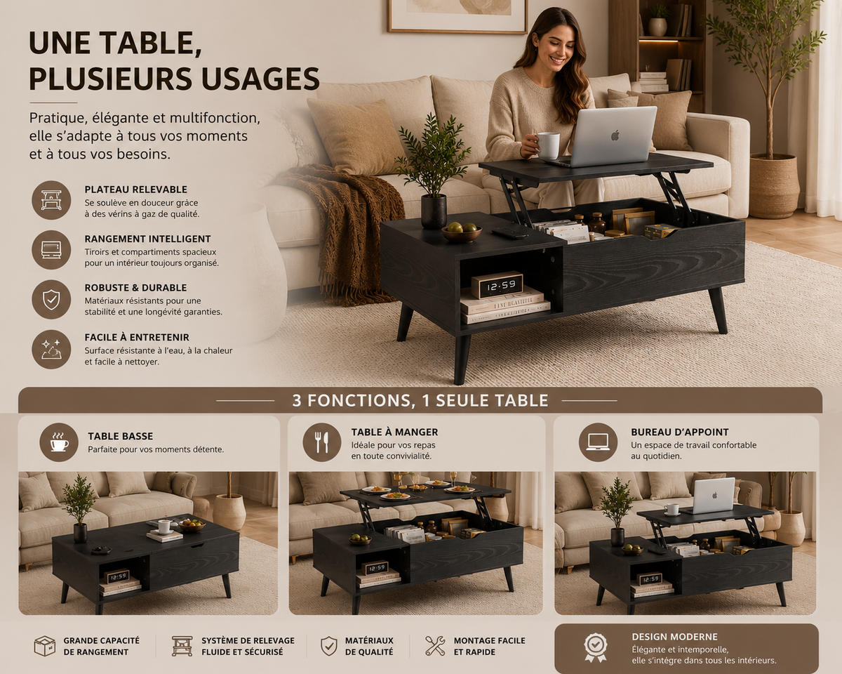 Table Basse Relevable Oria™ | Noir Design Moderne