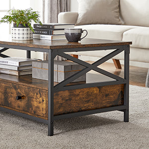 Table Basse Bravena™ | Bois Rustique & Structure Métal Noir