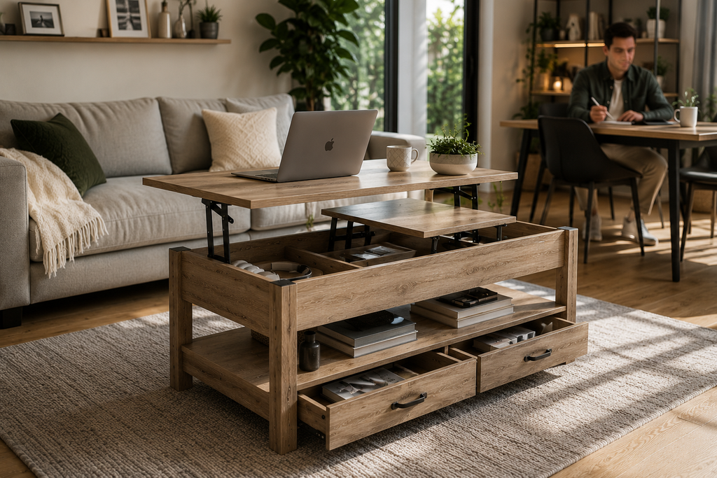 Table Basse Relevable Novea™ | Effet Bois Rustique