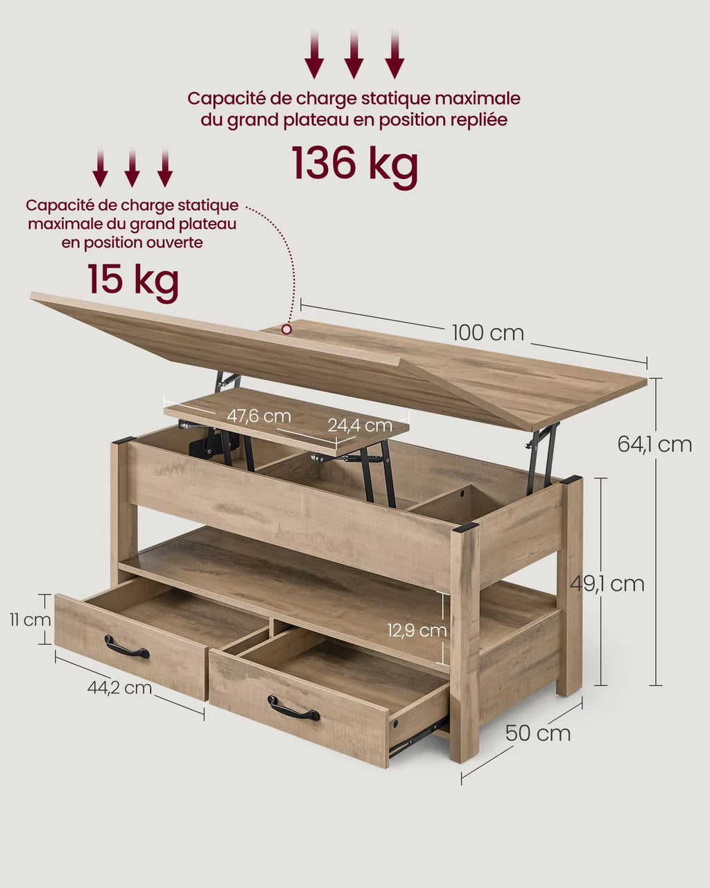 Table Basse Relevable Novea™ | Effet Bois Rustique