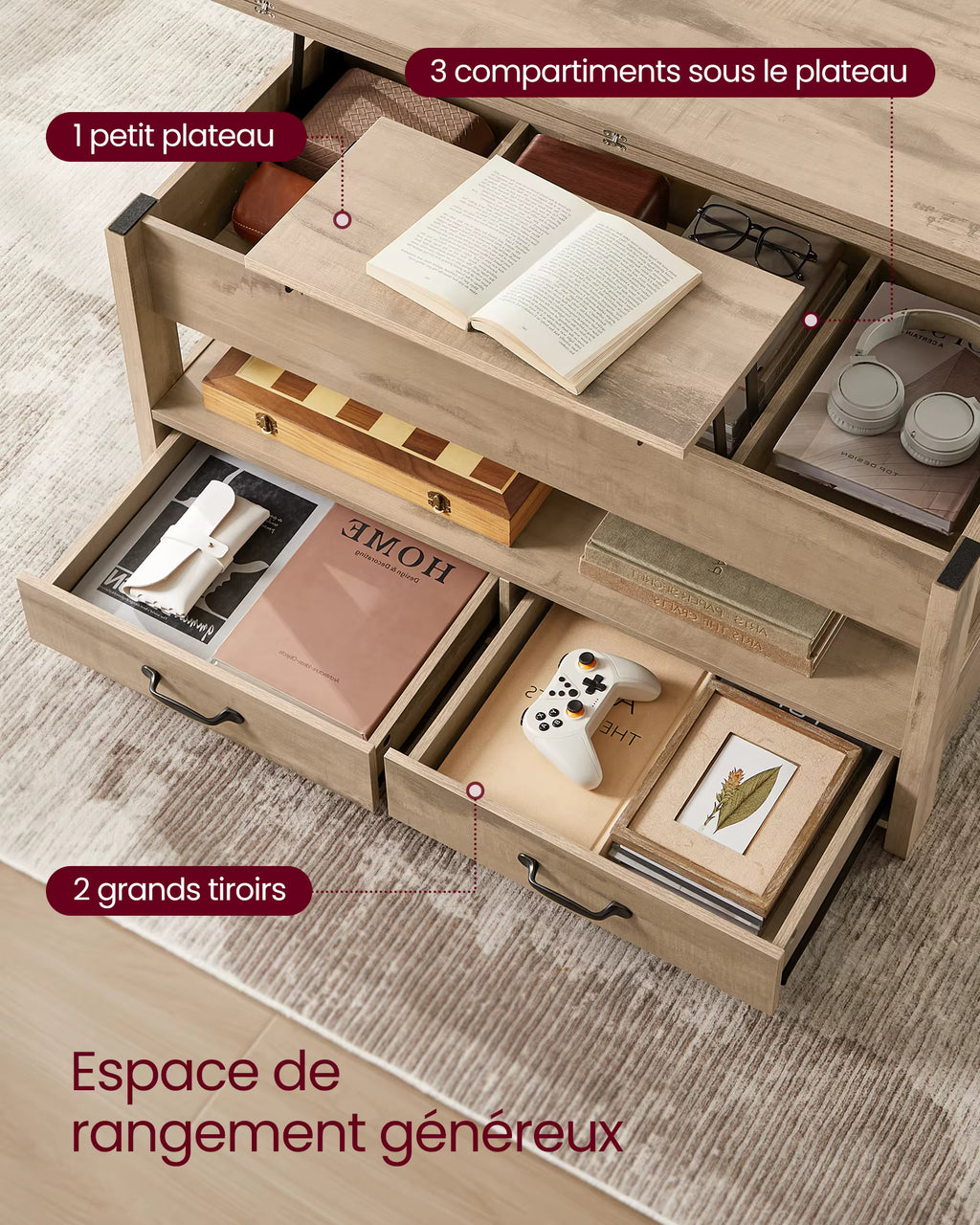 Table Basse Relevable Novea™ | Effet Bois Rustique