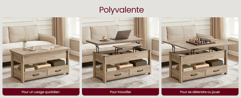 Table Basse Relevable Novea™ | Effet Bois Rustique